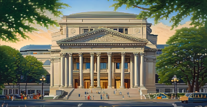 A grand historic theater building surrounded by greenery and colorful flowers, illuminated by warm sunlight.