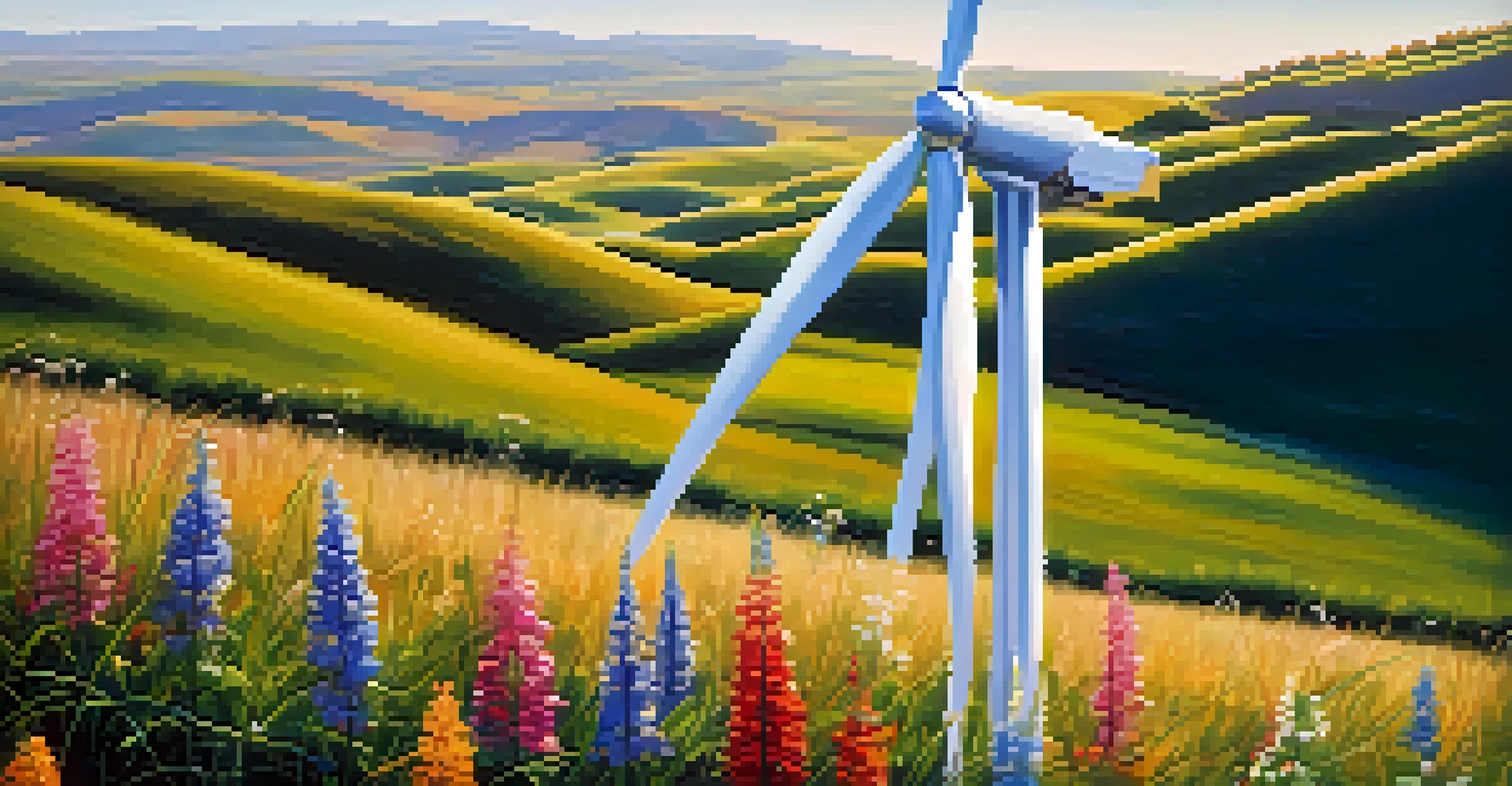 A close-up of a wind turbine with spinning blades against a scenic background of hills and flowers, highlighting the beauty of renewable energy.