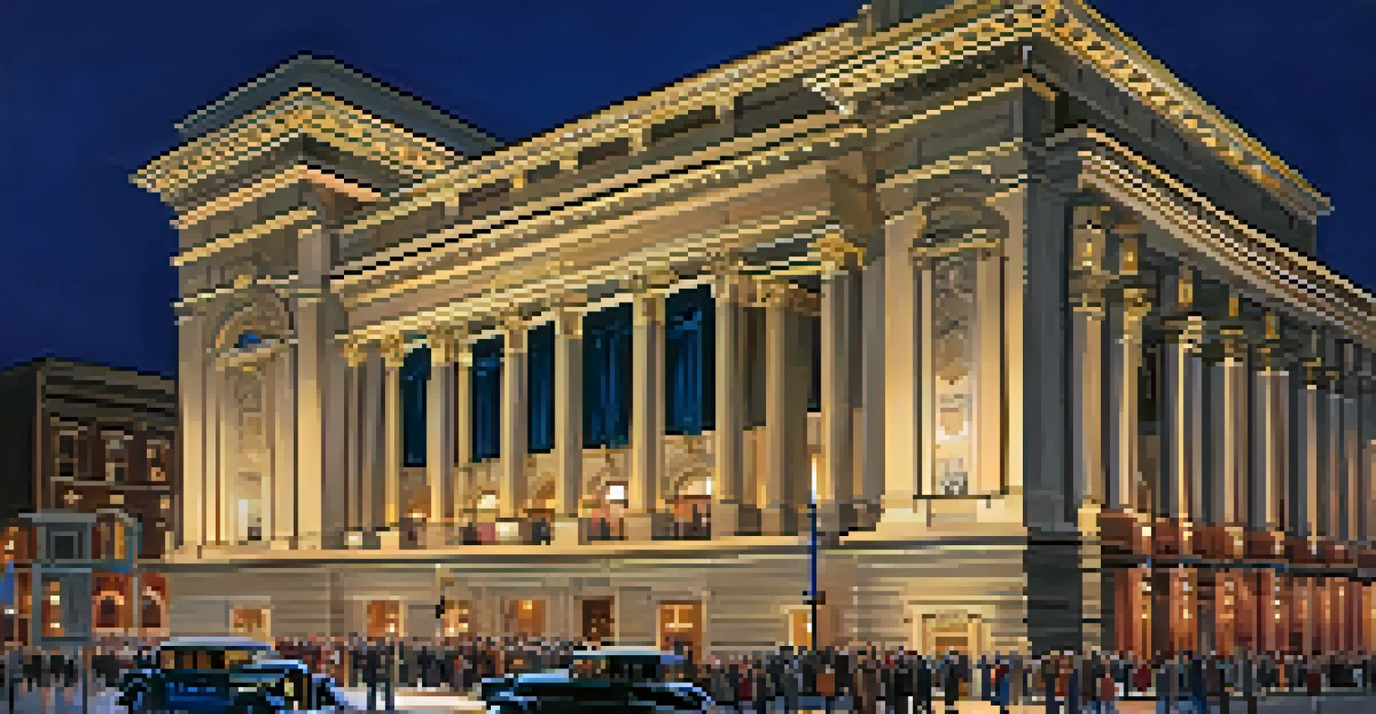 The Eastman Theatre illuminated at night with ornate architecture and a crowd outside in Rochester, New York.