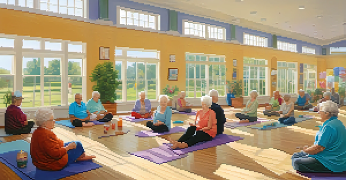 A lively community center where seniors are participating in various activities, showcasing joy and connection.