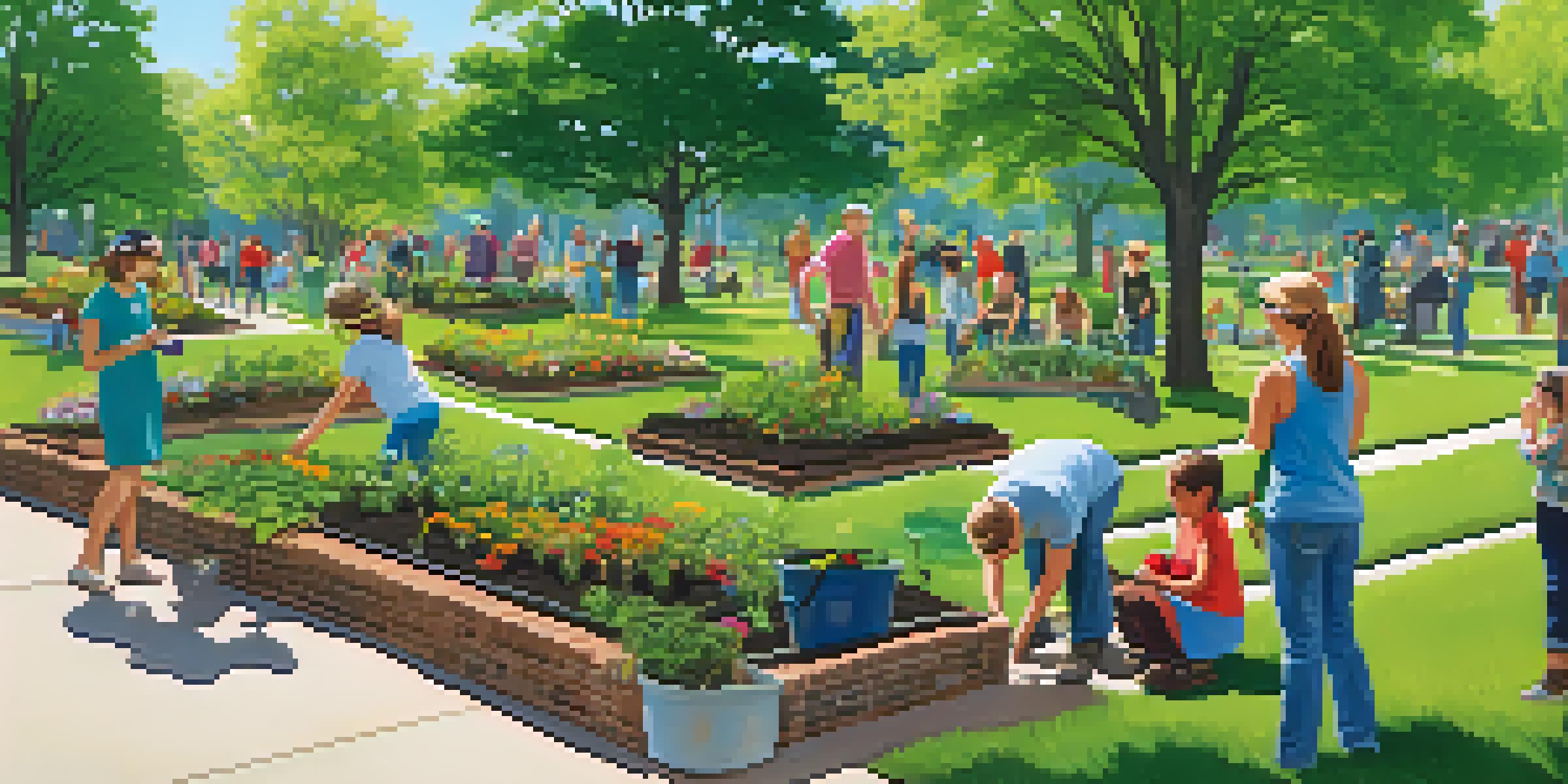 A sunny community park with diverse volunteers planting trees, surrounded by greenery and flowers.