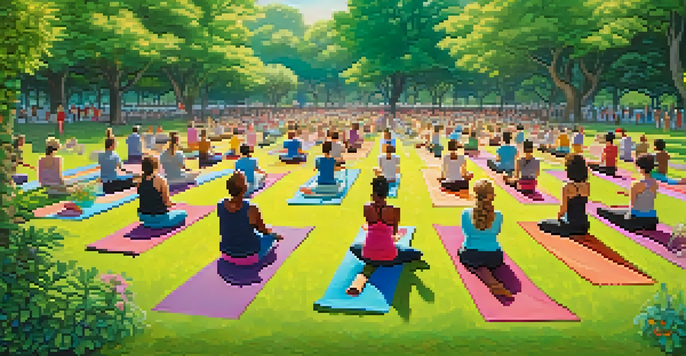 A diverse group of people practicing yoga in a sunny park surrounded by trees and flowers.