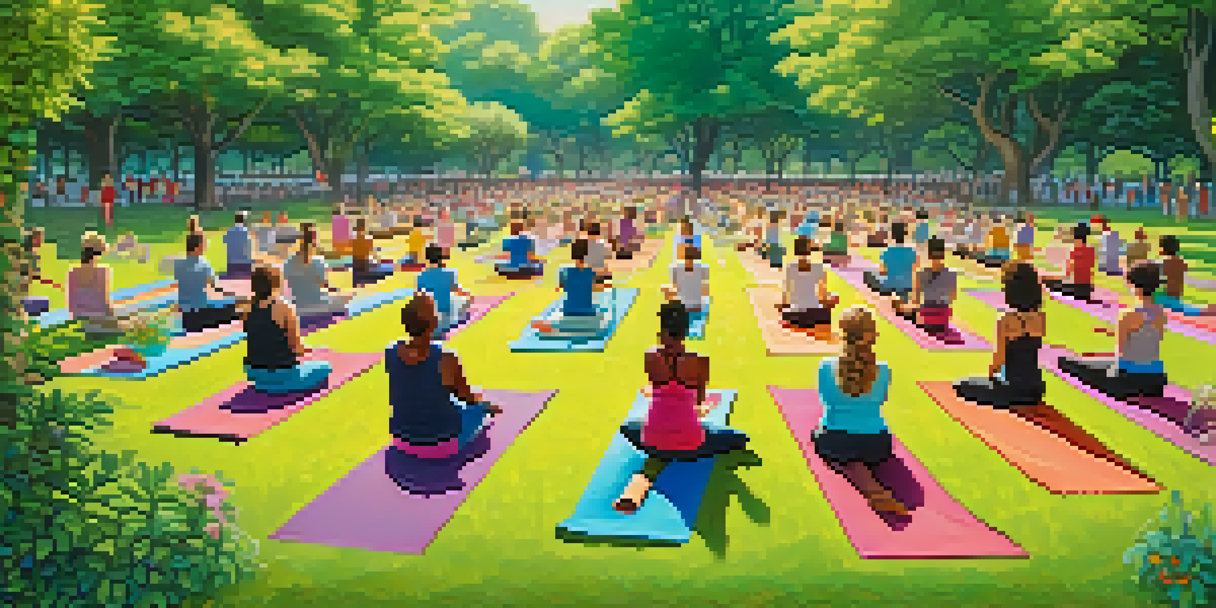A diverse group of people practicing yoga in a sunny park surrounded by trees and flowers.