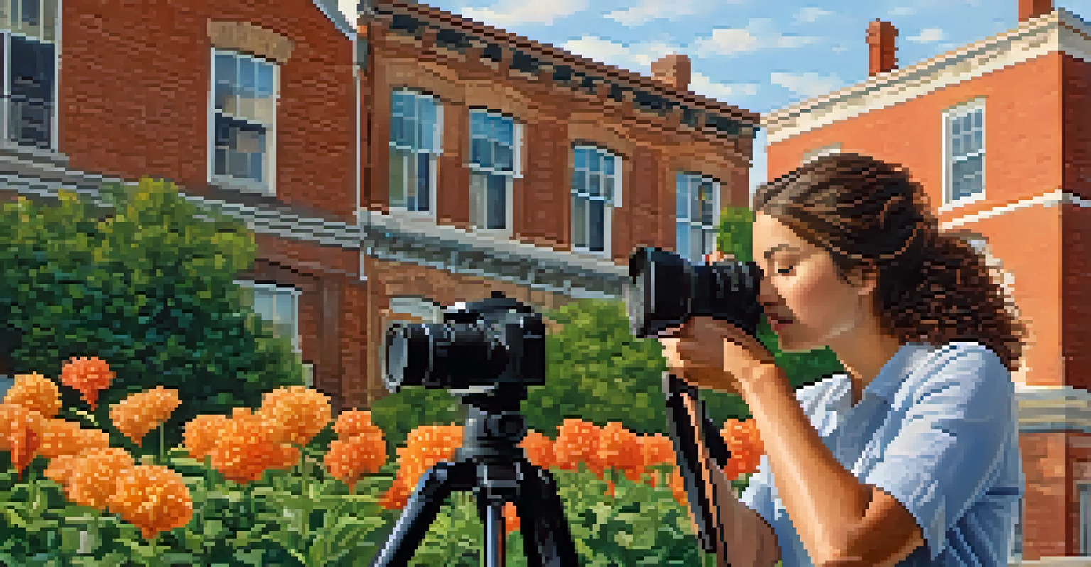A young woman photographer taking a photo of a historic building in Rochester during the morning.