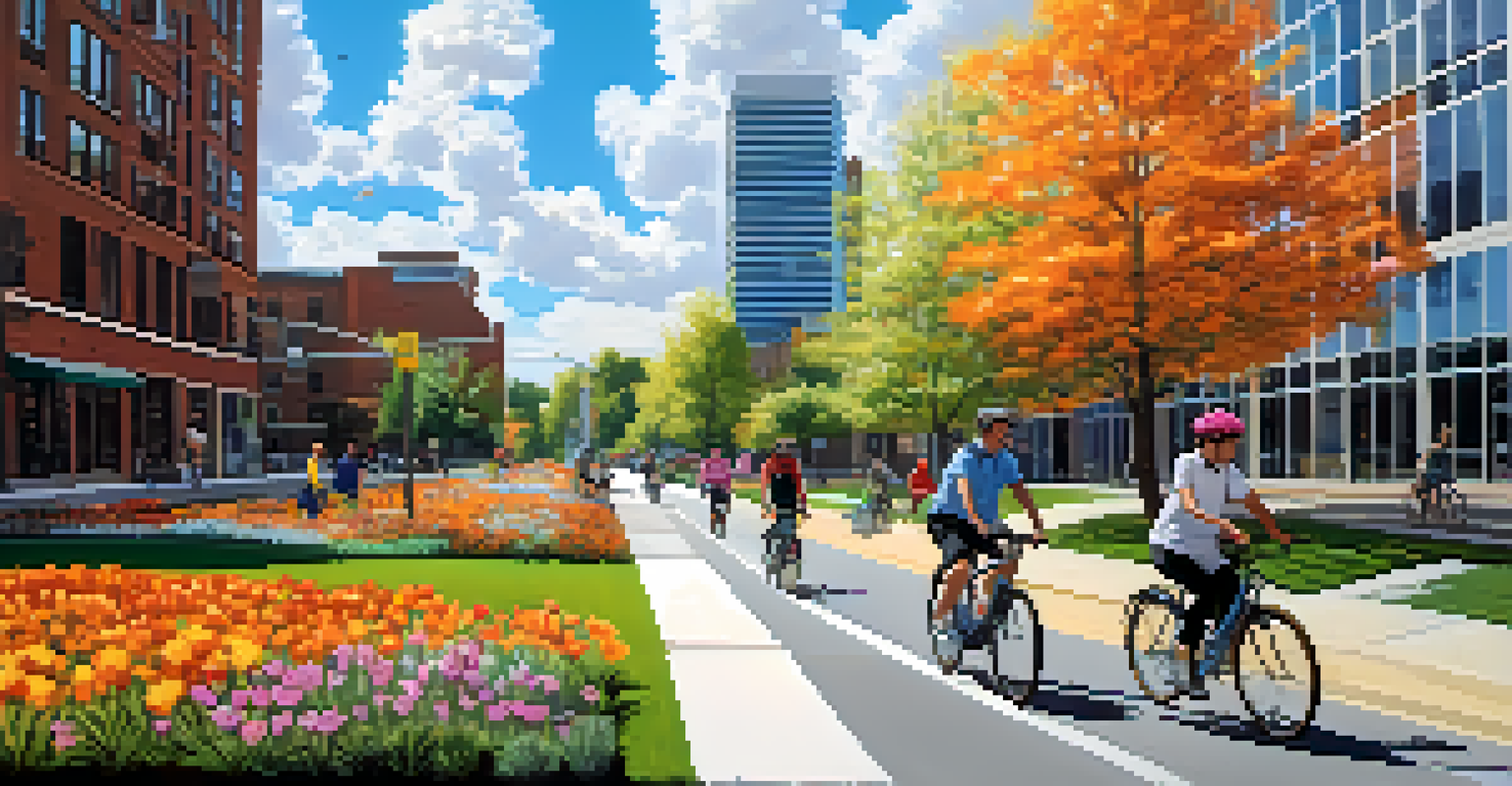 Cyclists riding in a vibrant bike lane surrounded by greenery in Rochester.