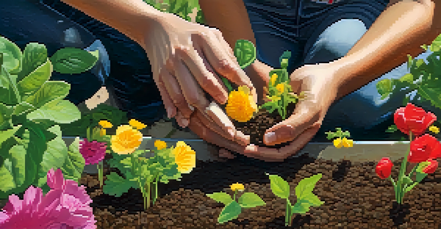 Hands planting seeds in a community garden, surrounded by bright flowers and green plants.