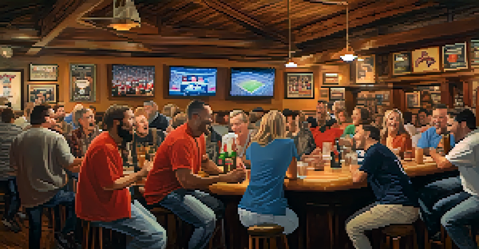 A cozy sports bar filled with diverse fans in jerseys watching a game, decorated with team memorabilia and warm lighting.
