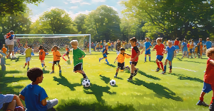 A youth soccer game in a park with diverse children playing and cheering parents in the background.