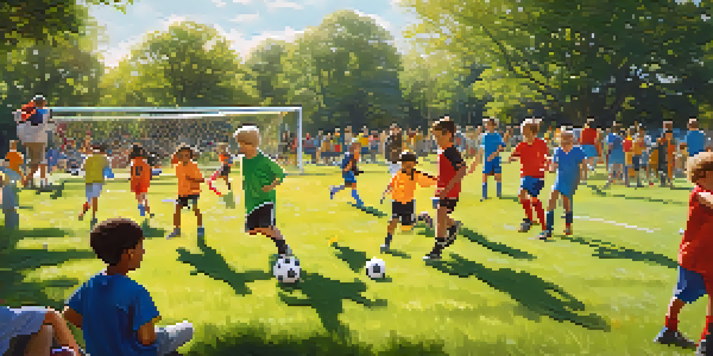 A youth soccer game in a park with diverse children playing and cheering parents in the background.