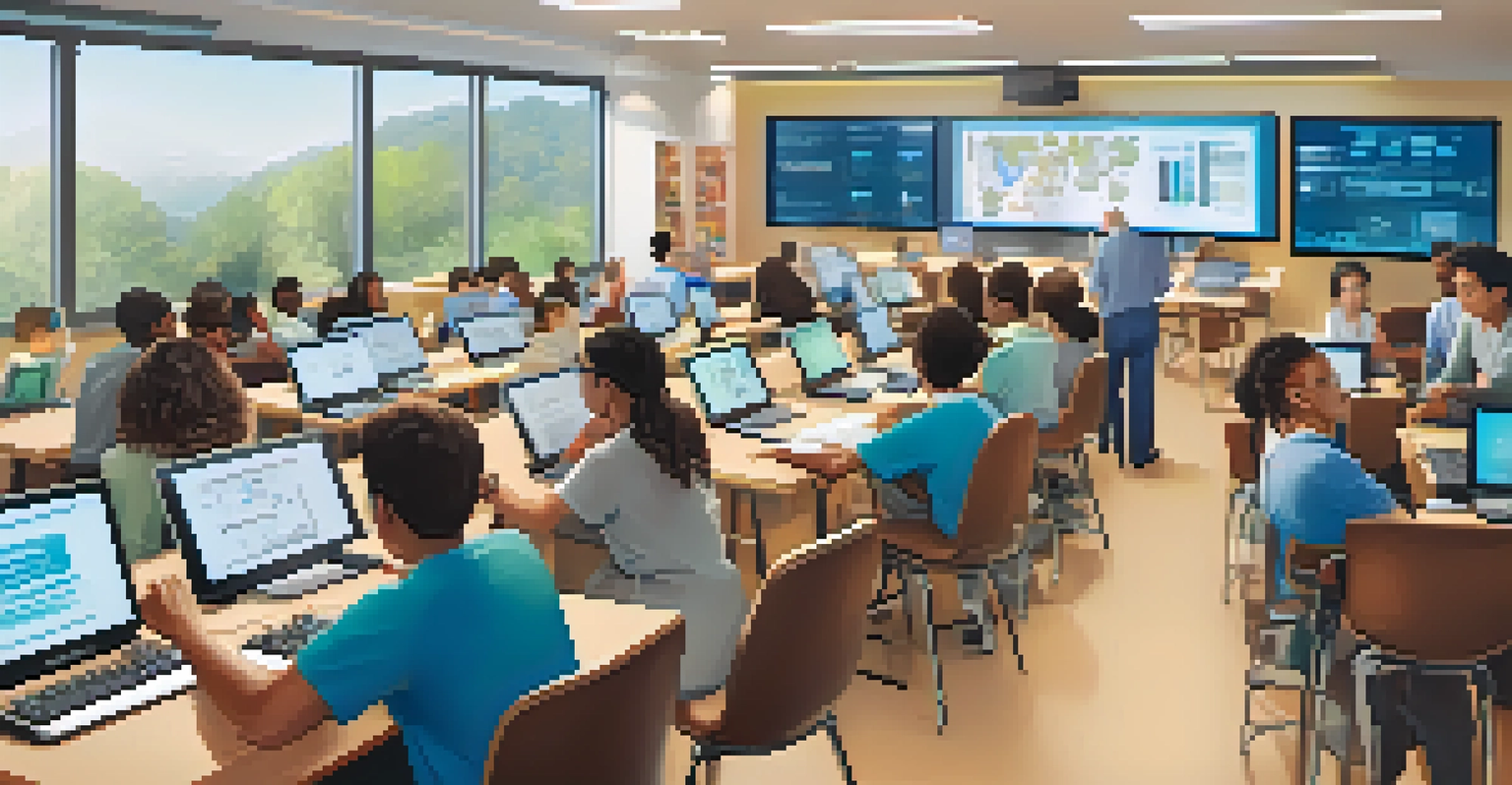 An adult education classroom with students learning technology skills on computers.