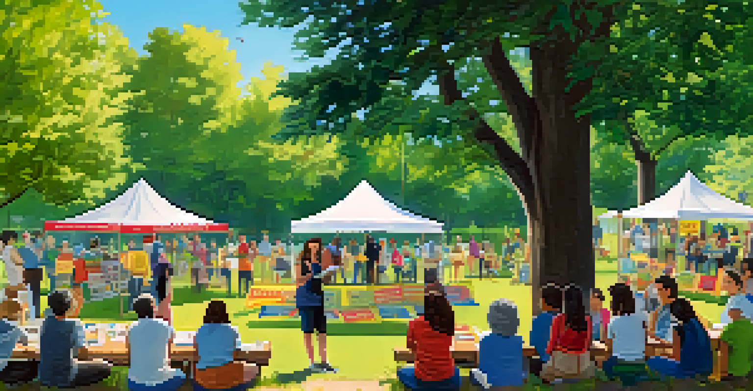 An outdoor mental health awareness workshop in a park, with participants engaging in activities and colorful banners.