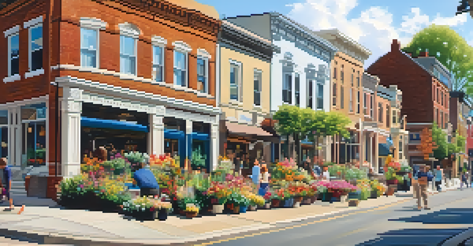 A sunny streetscape in Rochester highlighting Arts and Crafts style buildings with vibrant flowers and people enjoying the outdoors.