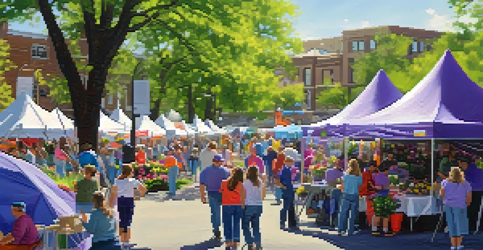 Volunteers preparing for the Rochester Lilac Festival amidst blooming lilacs and festive decorations.