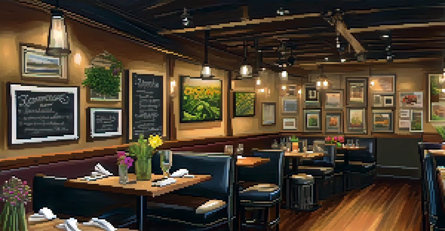 The cozy interior of a Rochester restaurant featuring rustic decor, candlelit tables, and a chalkboard menu with plant-based specials.