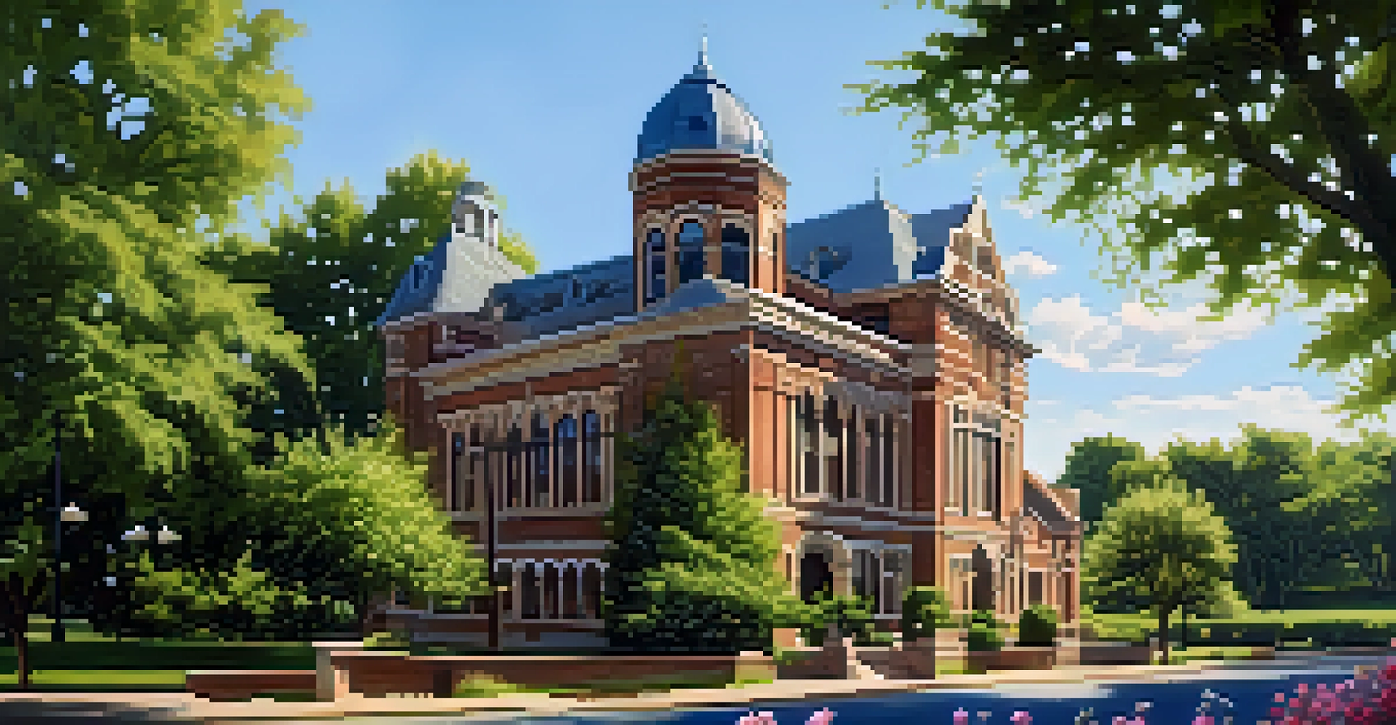 A beautiful historical landmark in Rochester, surrounded by greenery and flowers, with sunlight filtering through trees and a clear blue sky in the background.