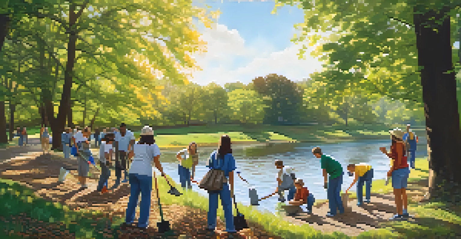 Volunteers cleaning up a park in Rochester, collecting litter with trees and a river in the background, illuminated by sunlight.