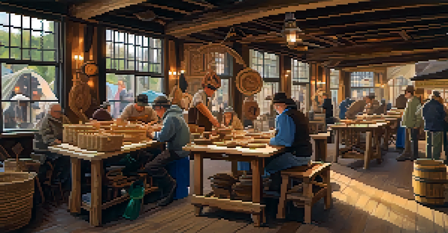 An indoor setting of a heritage festival, showing artisans creating traditional crafts with warm lighting and rustic tables displaying handmade items.