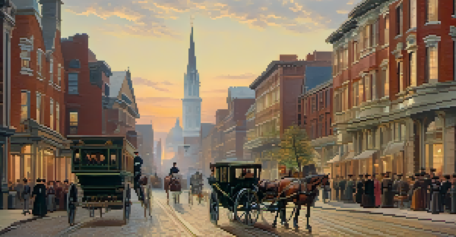 A bustling street scene in Rochester showcasing Gothic and Italianate architecture with intricate details during sunset.