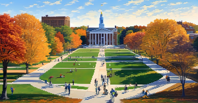 A scenic view of the University of Rochester campus in autumn, featuring colorful trees, students walking, and historic architecture.