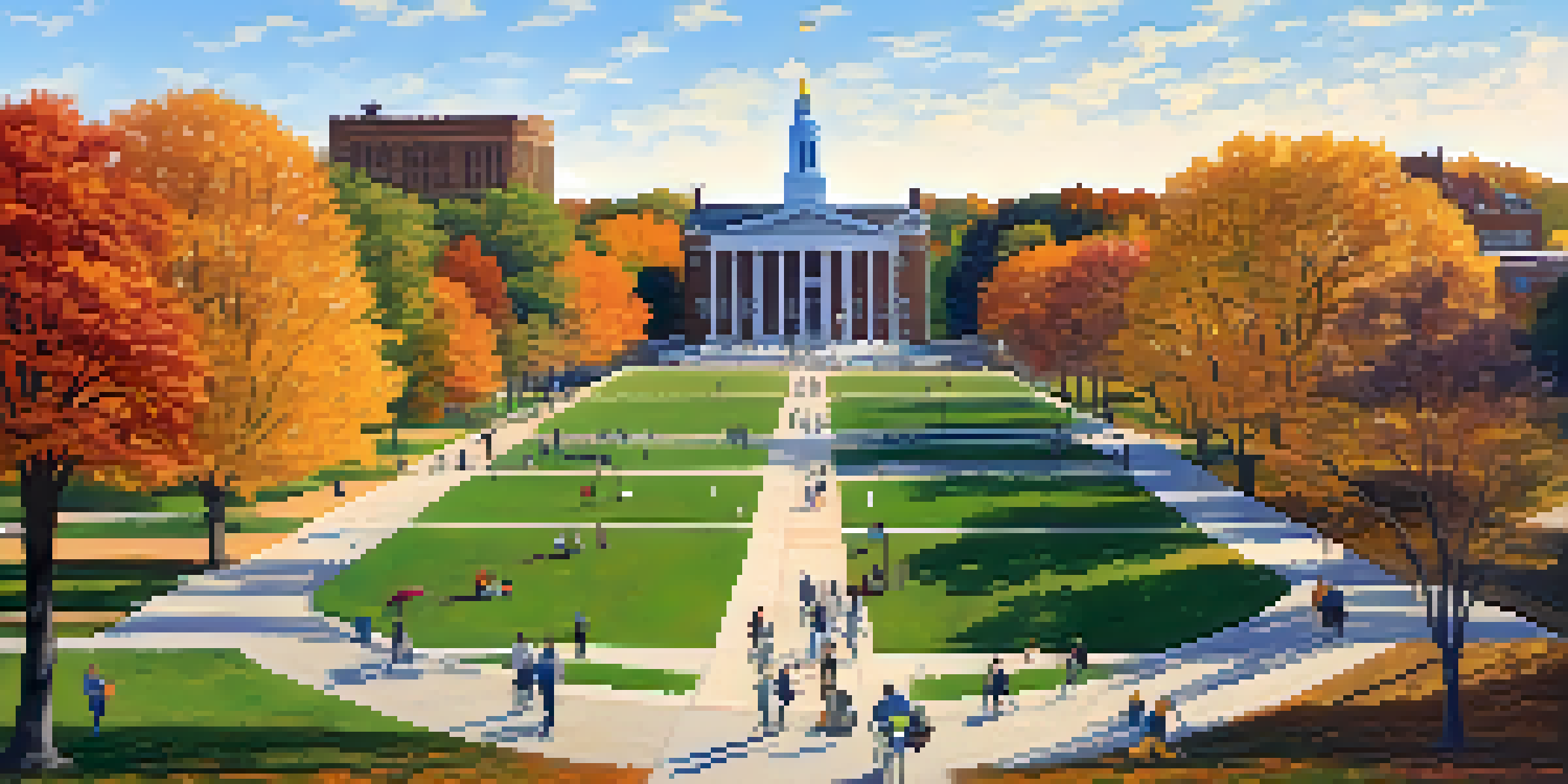 A scenic view of the University of Rochester campus in autumn, featuring colorful trees, students walking, and historic architecture.