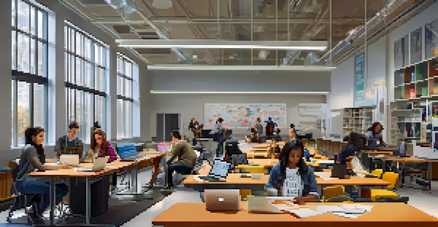 A collaborative study area at the Rochester Institute of Technology filled with students working together with laptops and technology.