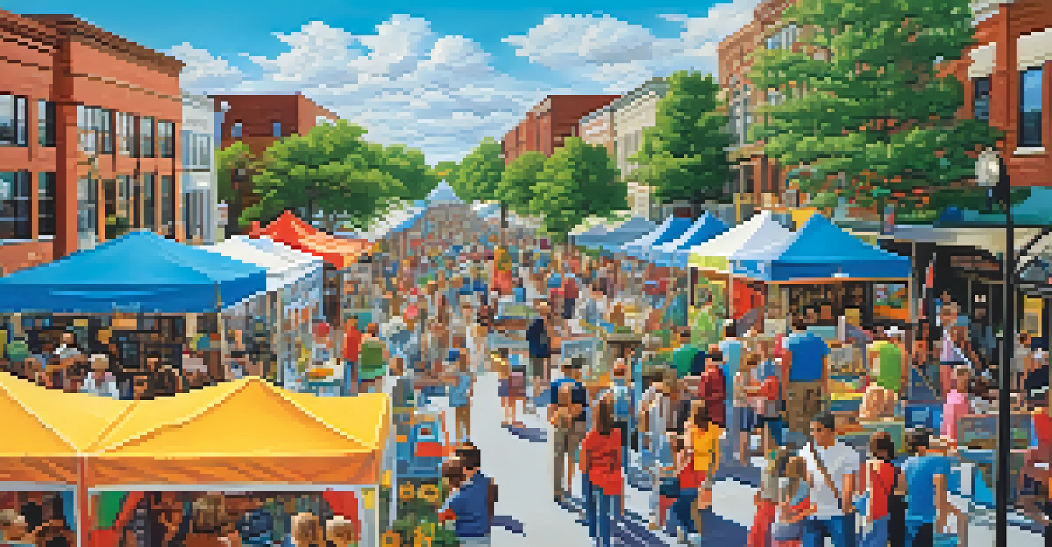 A community tech fair in Rochester with families exploring booths of local startups, surrounded by colorful decorations and a festive atmosphere.