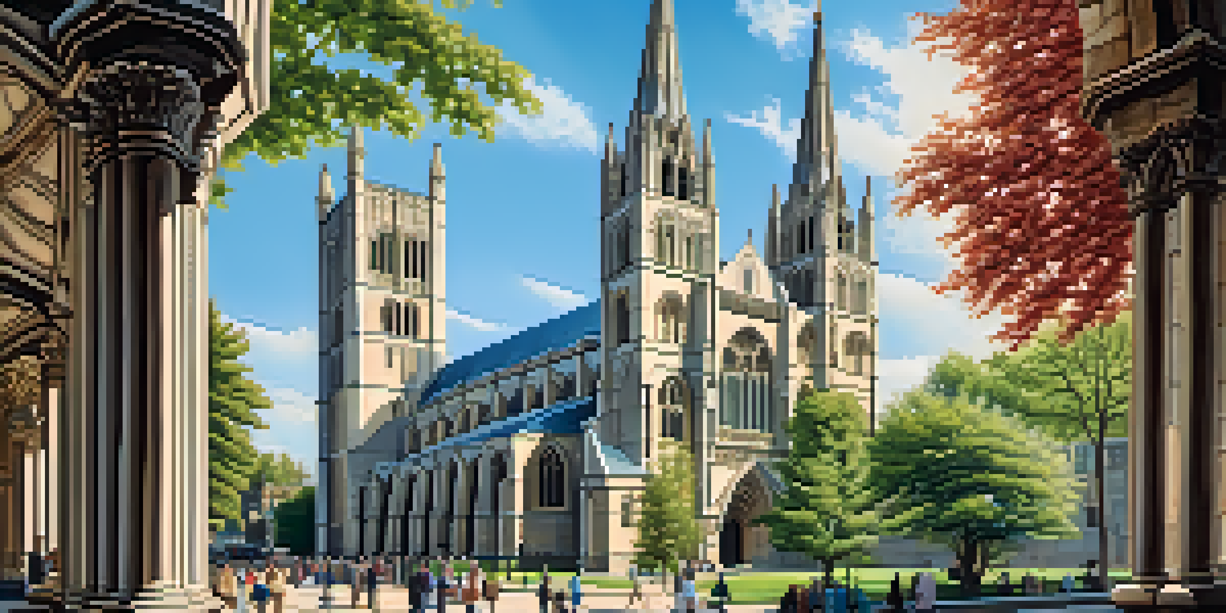 An exterior view of the Rochester Cathedral featuring Gothic Revival architecture with pointed arches, detailed stonework, and spires under a blue sky.