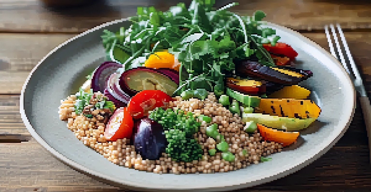 A colorful plant-based grain bowl with quinoa, roasted vegetables, and a tahini dressing, presented on a rustic wooden table in soft natural light.