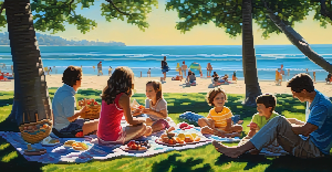 A family enjoying a picnic on a sunny day at Ontario Beach Park, with children playing near the beach and a picnic setup on the grass.
