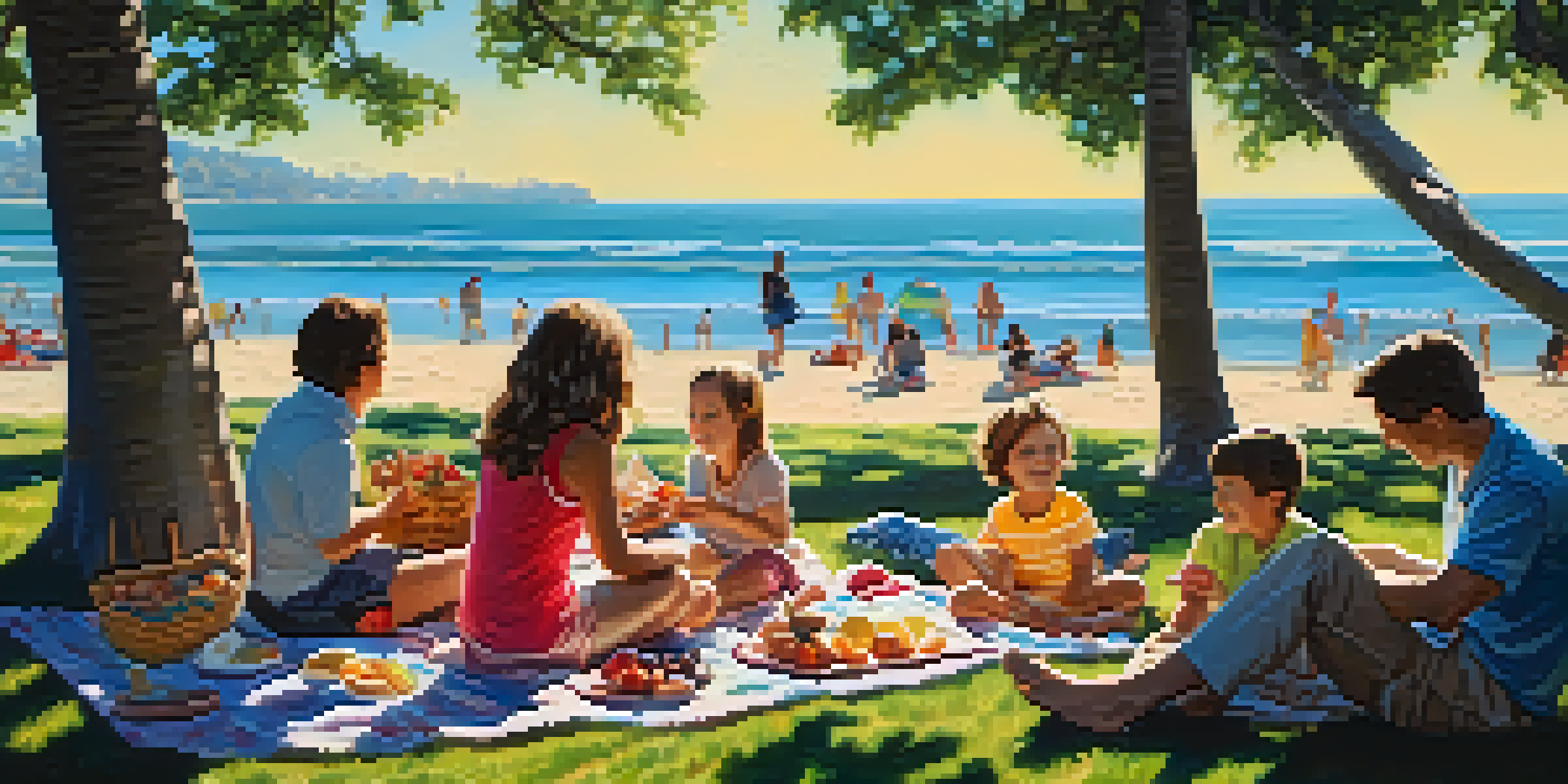 A family enjoying a picnic on a sunny day at Ontario Beach Park, with children playing near the beach and a picnic setup on the grass.