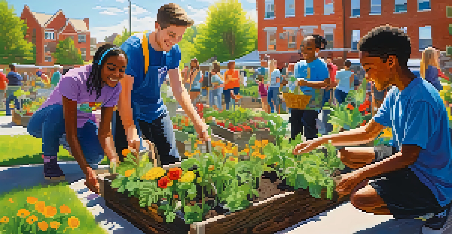 Students and local residents collaborating on a community garden project in a sunny outdoor setting.