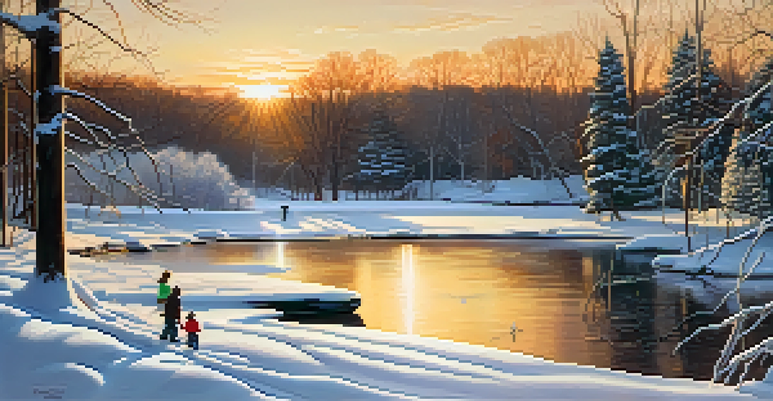 A tranquil winter landscape with snow-covered trees and children playing in a snowy park at sunset.