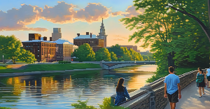 A picturesque sunset view of the Genesee River in Rochester, New York, with vibrant colors reflecting on the water and a couple walking along the riverbank.