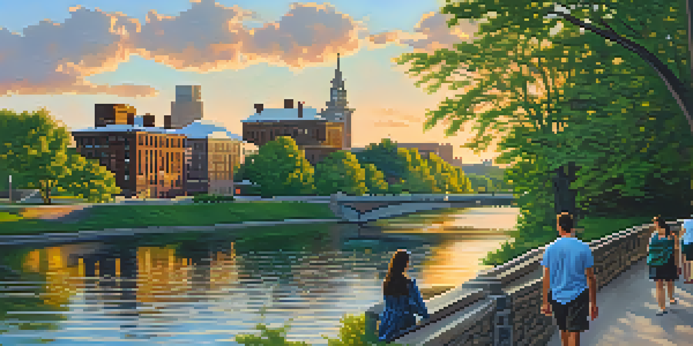 A picturesque sunset view of the Genesee River in Rochester, New York, with vibrant colors reflecting on the water and a couple walking along the riverbank.