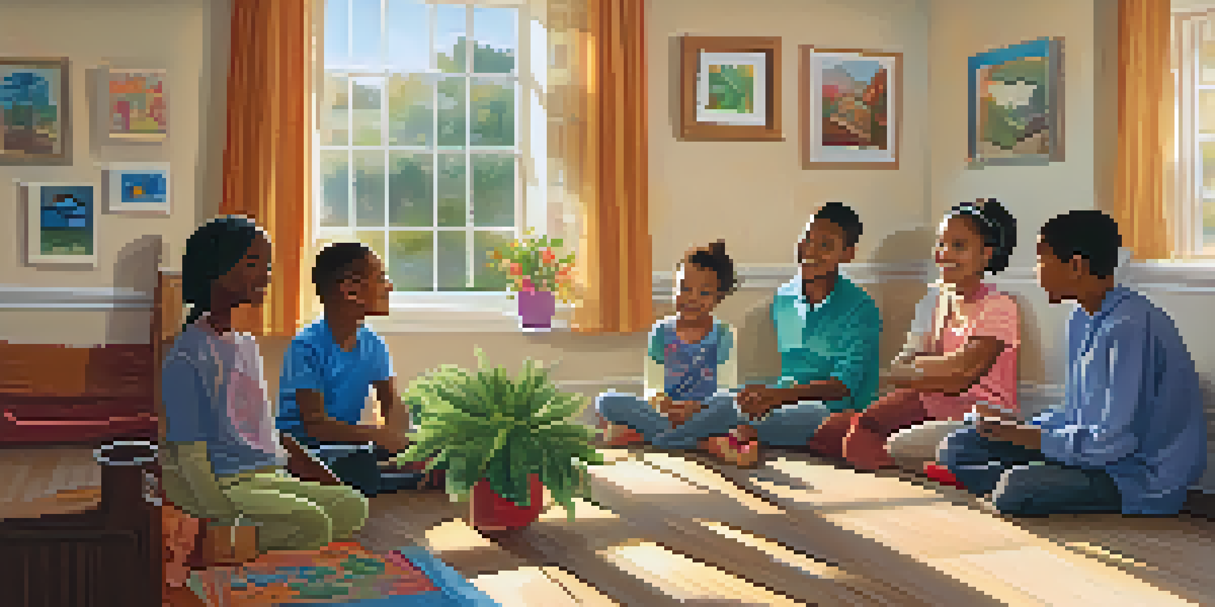 A warm and inviting room where a family is gathered around a table, with colorful artwork on the walls and sunlight streaming in through the window.