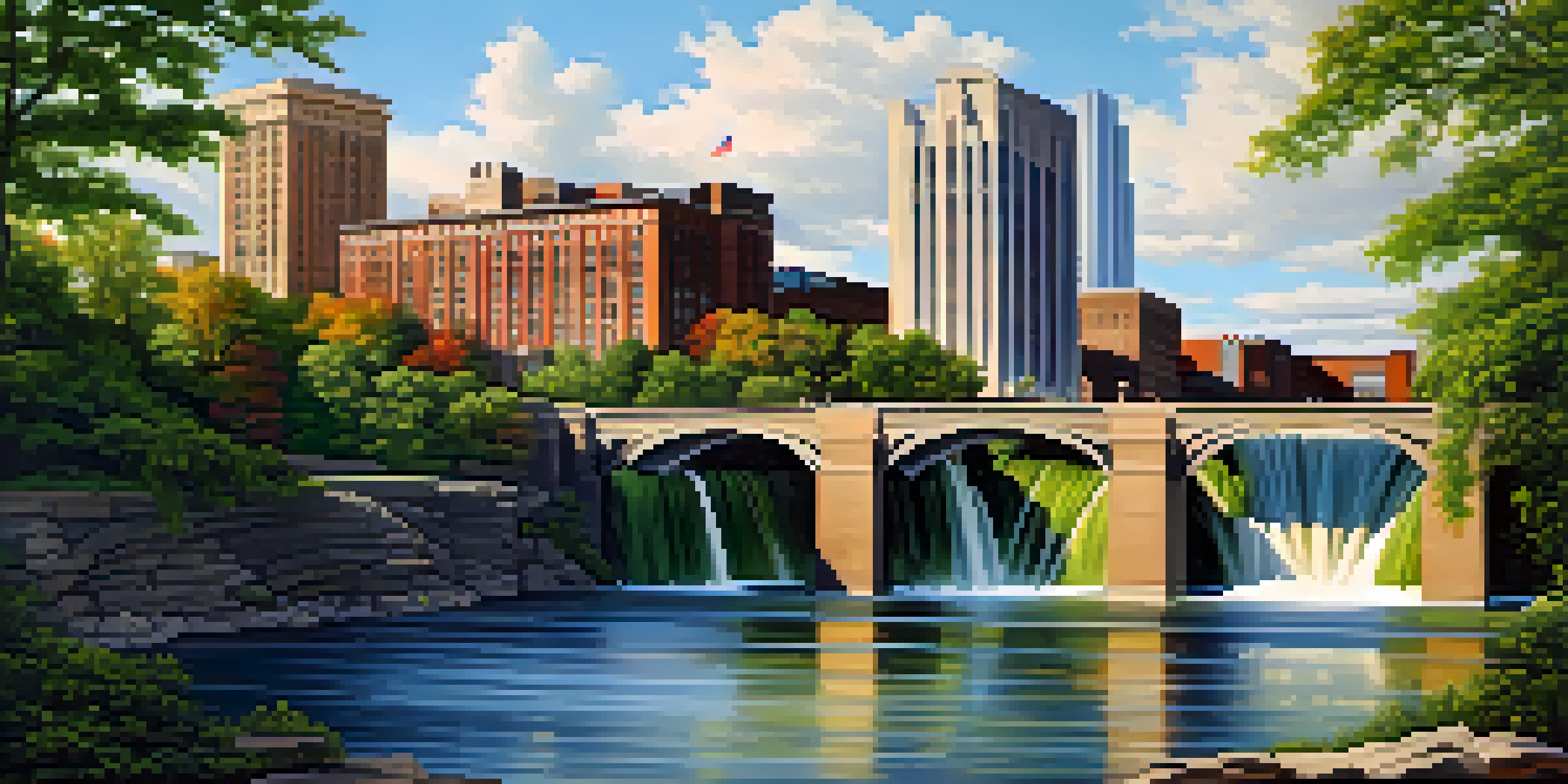 A cityscape of Rochester featuring High Falls waterfall and modern buildings under a blue sky.