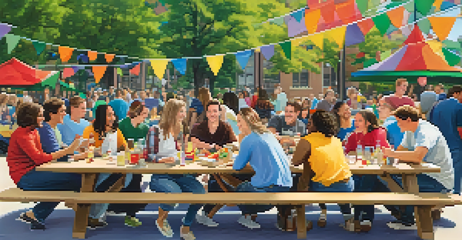 Students enjoying a social event outdoors at the University of Rochester, surrounded by decorations and engaging in lively discussions.
