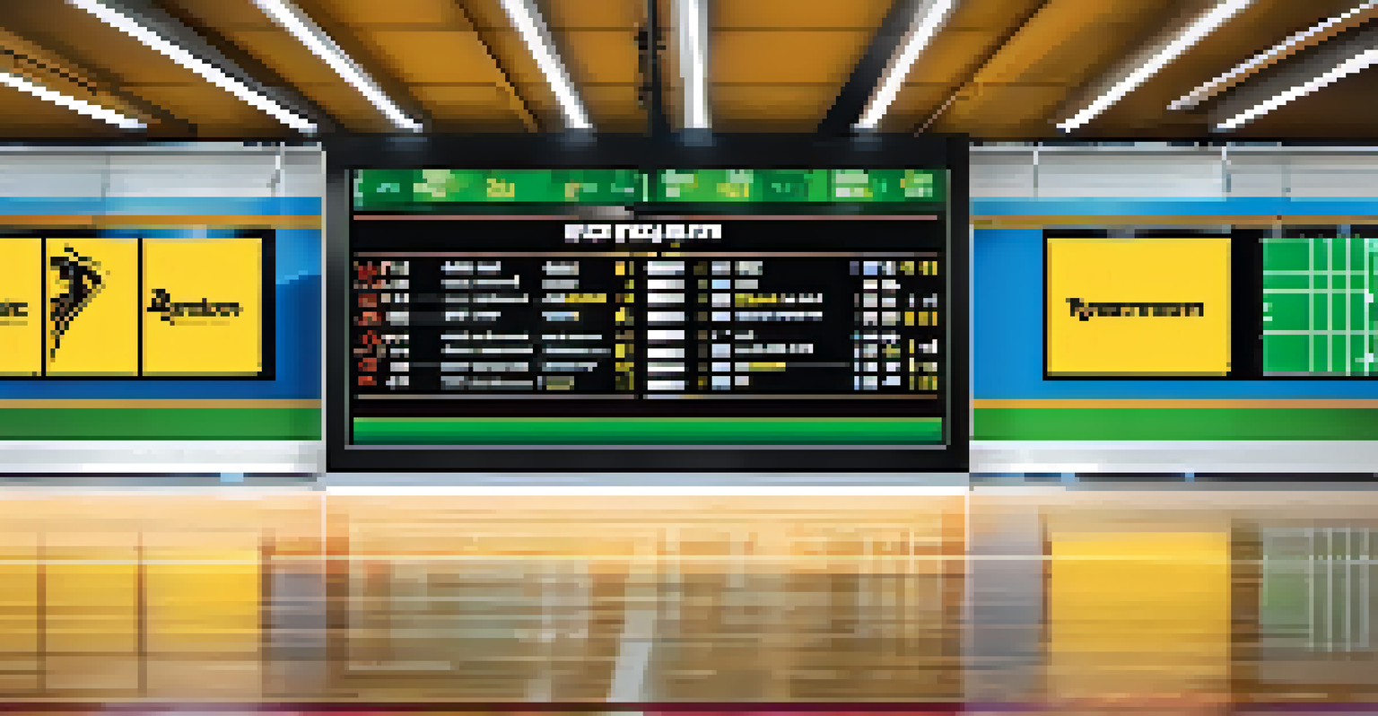 A close-up of a digital display board showing real-time sports statistics, with a modern facility backdrop.