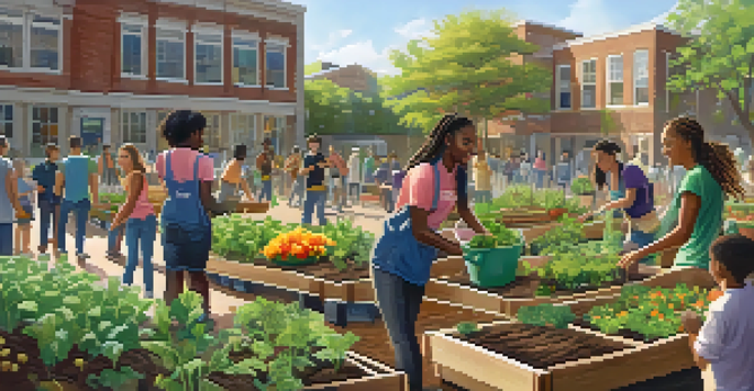 College students working together in a community garden, planting flowers and vegetables under a sunny sky.