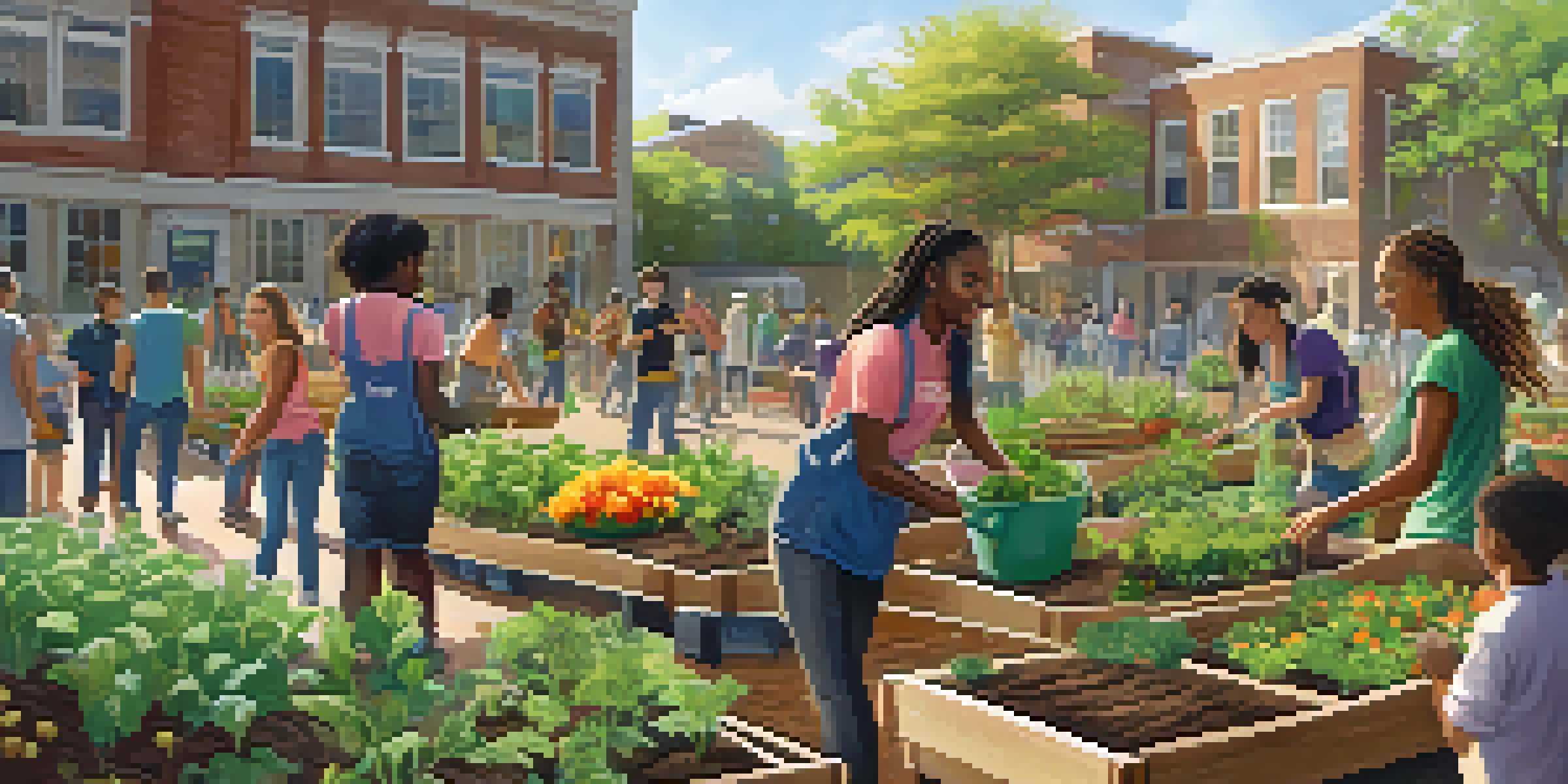 College students working together in a community garden, planting flowers and vegetables under a sunny sky.
