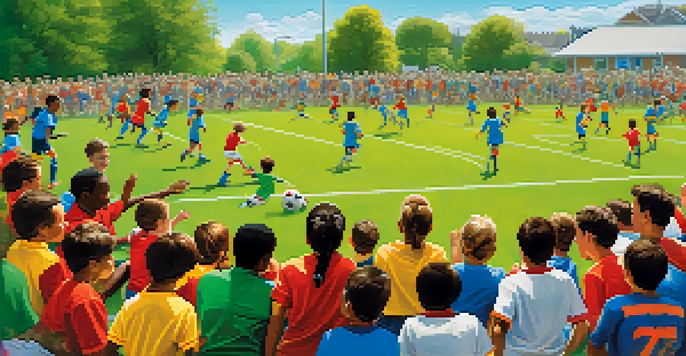 A lively youth soccer game with children in colorful jerseys and parents cheering, set in a green field under a blue sky.