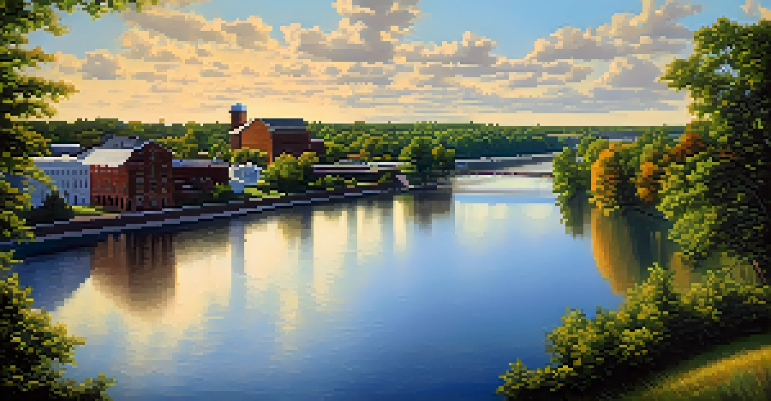A scenic view of the Genesee River with historic flour mills and green trees under a blue sky.