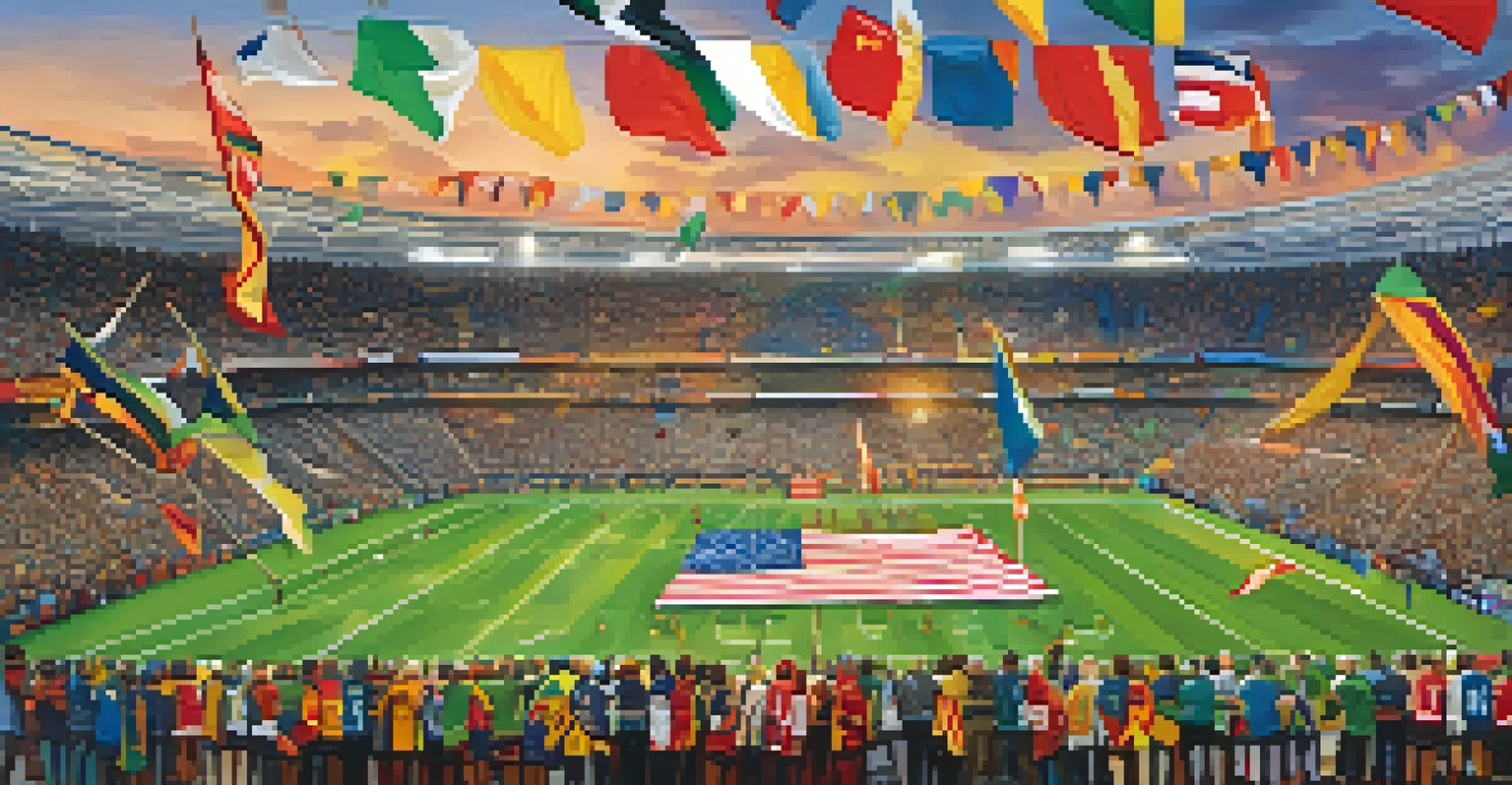 Fans of different backgrounds at a professional sports event, united in support with colorful banners and multicultural flags.