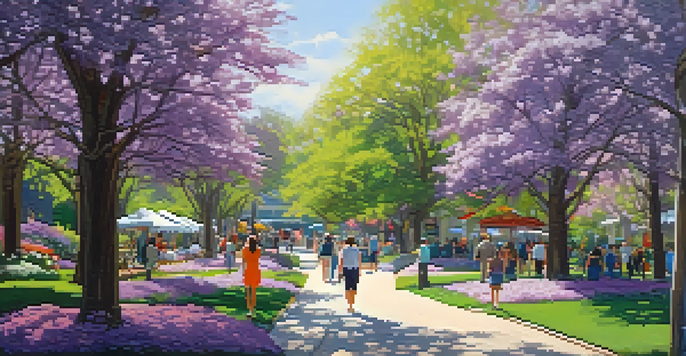 A vibrant scene of Highland Park filled with blooming lilac flowers and visitors walking through the gardens.