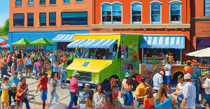 A lively street food festival in Rochester featuring colorful food trucks and people enjoying delicious food under a sunny sky.