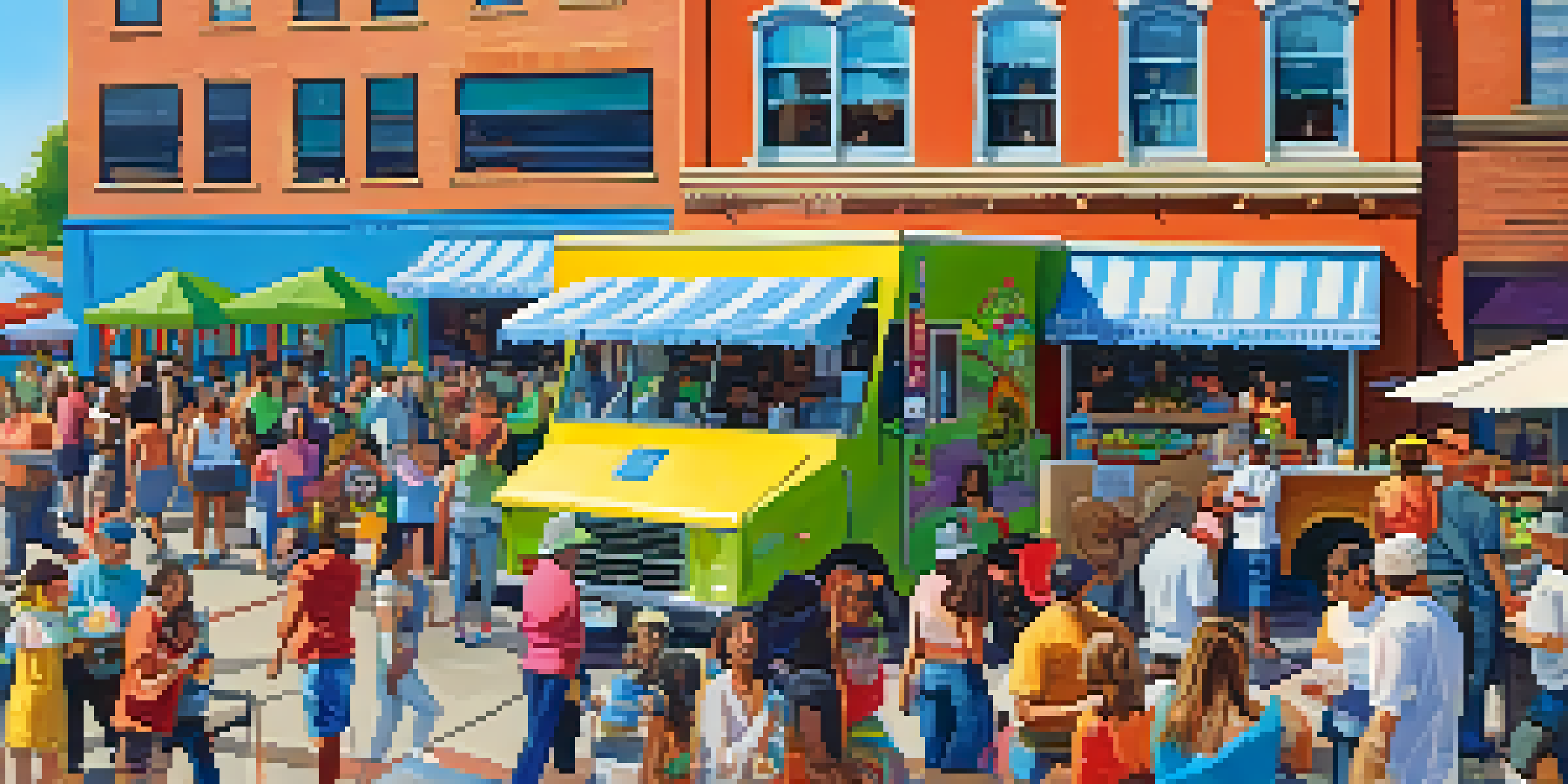 A lively street food festival in Rochester featuring colorful food trucks and people enjoying delicious food under a sunny sky.