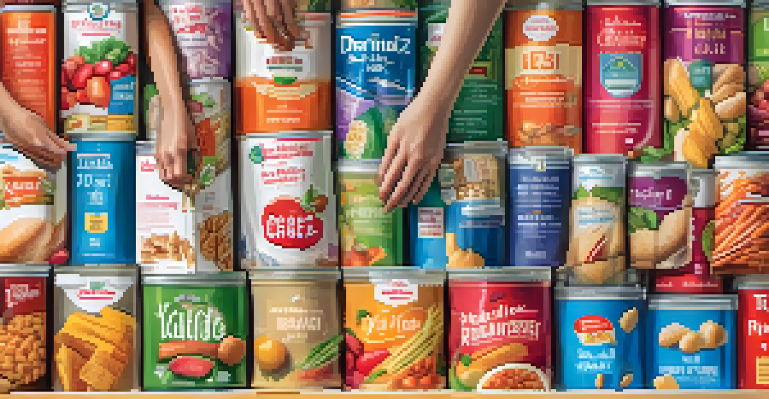 Close-up of diverse hands sorting food items at a food drive, showcasing colorful packages and a sense of teamwork.