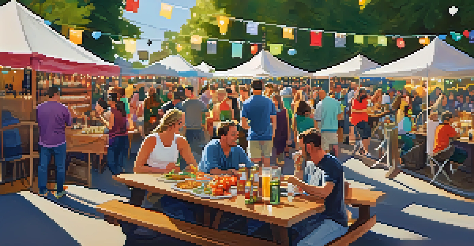 A vibrant outdoor craft beer tasting event with people enjoying food and drinks, decorated with banners and lights.