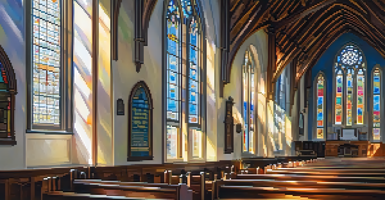 The interior of a Gothic Revival church, featuring stained glass windows that cast colorful light on wooden pews, showcasing intricate woodwork.