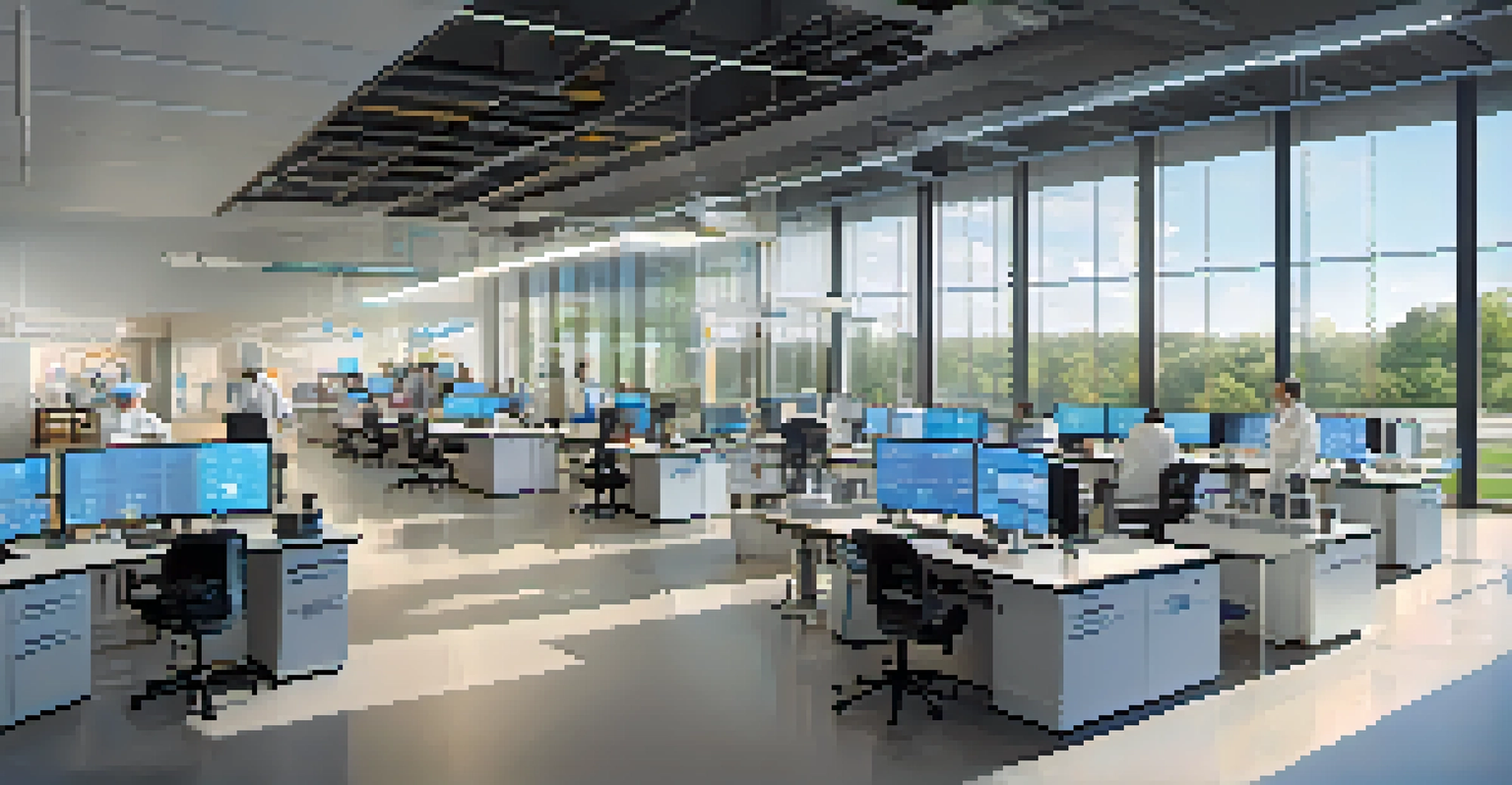 A modern research lab with scientists working on technology projects, illuminated by natural light.